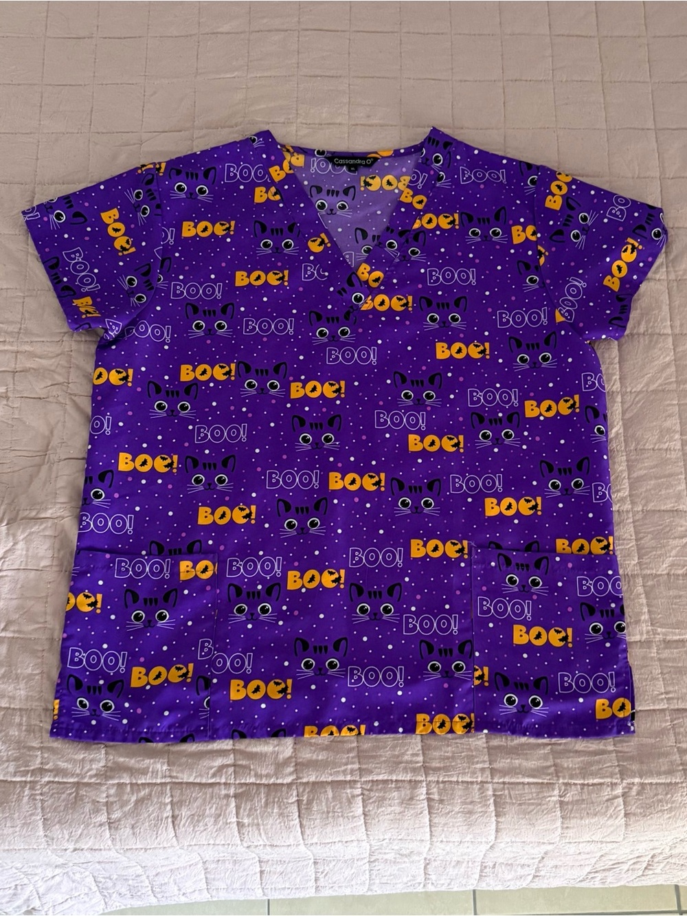 Purple Halloween 'Boo!' Print Scrub Top